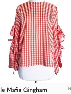 STYLE MAFIA GINGHAM WOMENS BLOUSE TOP Medium Size M Plaid Orange White Spring